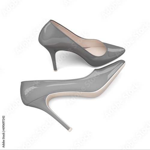 Elegant women's high-heeled shoes. Patent leather. Gray color. 3d illustration. Isolated on white background