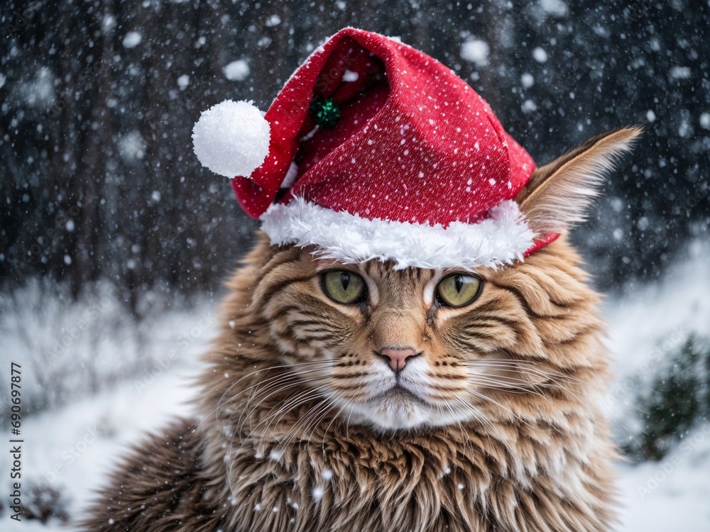 Cat is wearing a red Santa Claus hat with a winter landscape digital ai Cat is wearing a red Santa Claus hat with a winter landscape digital ai