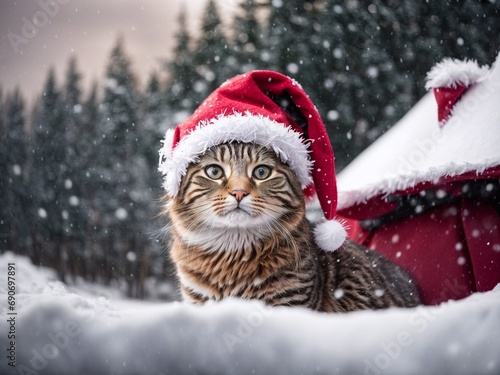 Cat is wearing a red Santa Claus hat with a winter landscape  digital ai © Kanchana