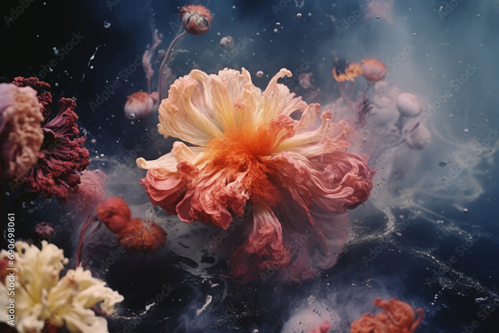 Abstract blooms forming a noxious nebula, creating a visually stunning yet hazardous cosmic scene. Abstract blooms forming a noxious nebula, creating a visually stunning yet hazardous cosmic scene.