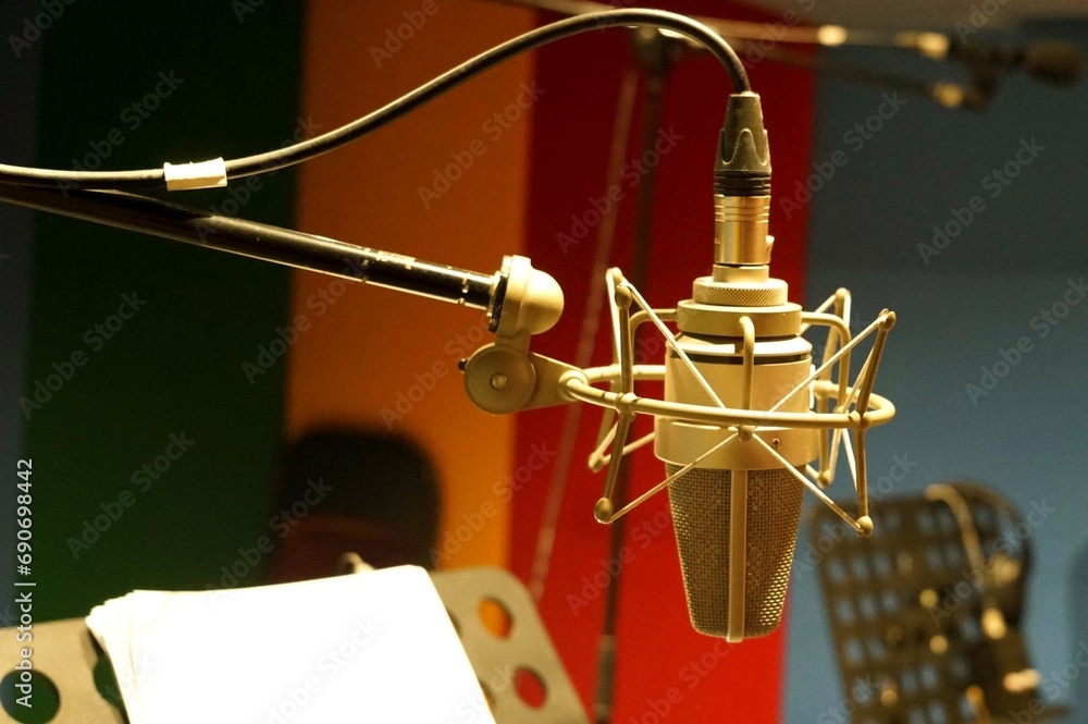 Microphone in the recording studio, background with copy space.