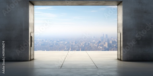 An open door with a view of a city
