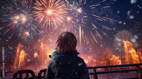Rear view of child girl watch their New Year fireworks display amazement and delight in a snowy park in front of firework display, generative ai