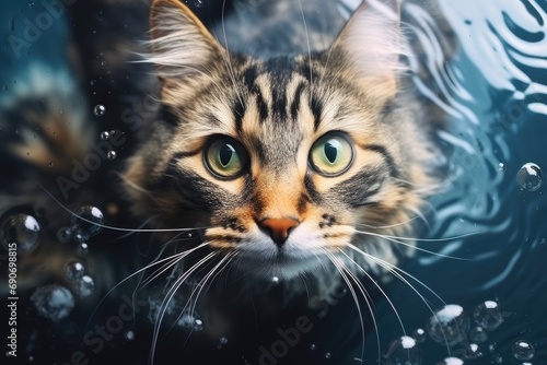 A cat looking at the camera with water droplets around it