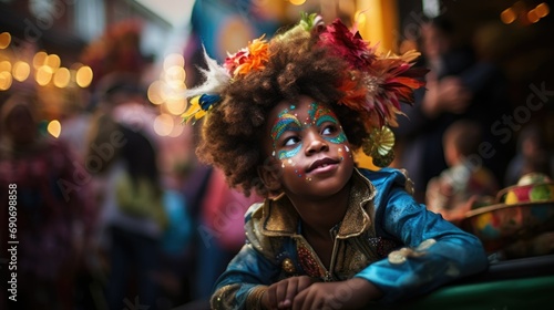 Photo of a child on the street in a colorful carnival costume