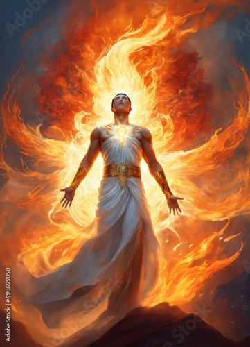 captivating design, spirit man ascend, The spirit being's arms are spread out, white body, beaming light on her body, At the end of each arm, there are flames of fire