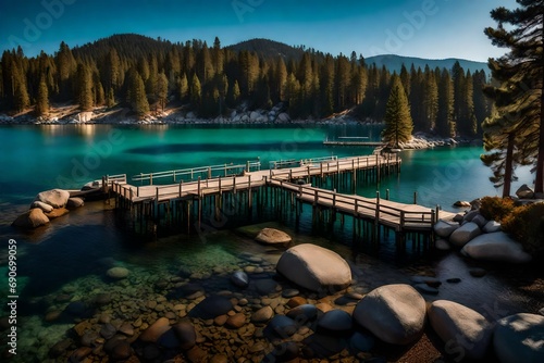 The Jetty of Vikingholme in Emerald Bay reimagined as a serene oil painting, capturing the tranquility of the scene with soft strokes, warm tones, and a focus on the interplay of light and shadow