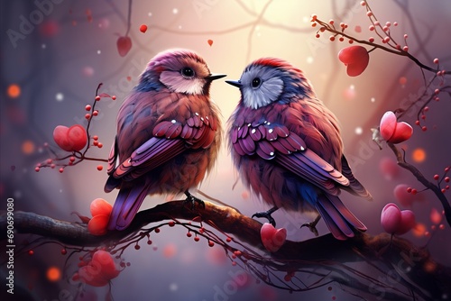 Whimsical Love Birds. Romantic illustration of two birds in love, surrounded by hearts and flowers © Georgi