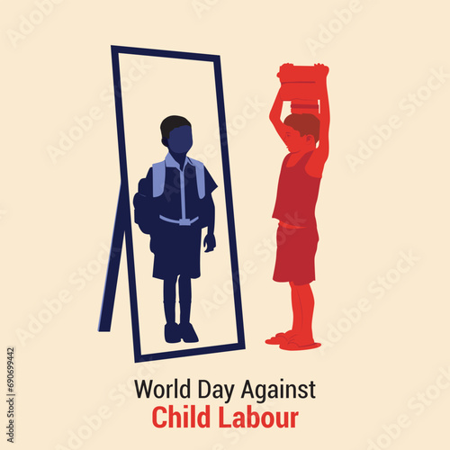 A ciild kid holding bricks on head by looking at mirror, world day against child labour illustration