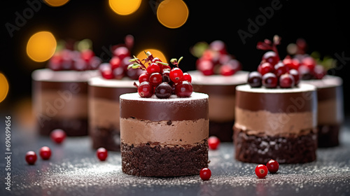 Closeup of minimalistic, Chocolate Cranberry Christmas Mini Cakes