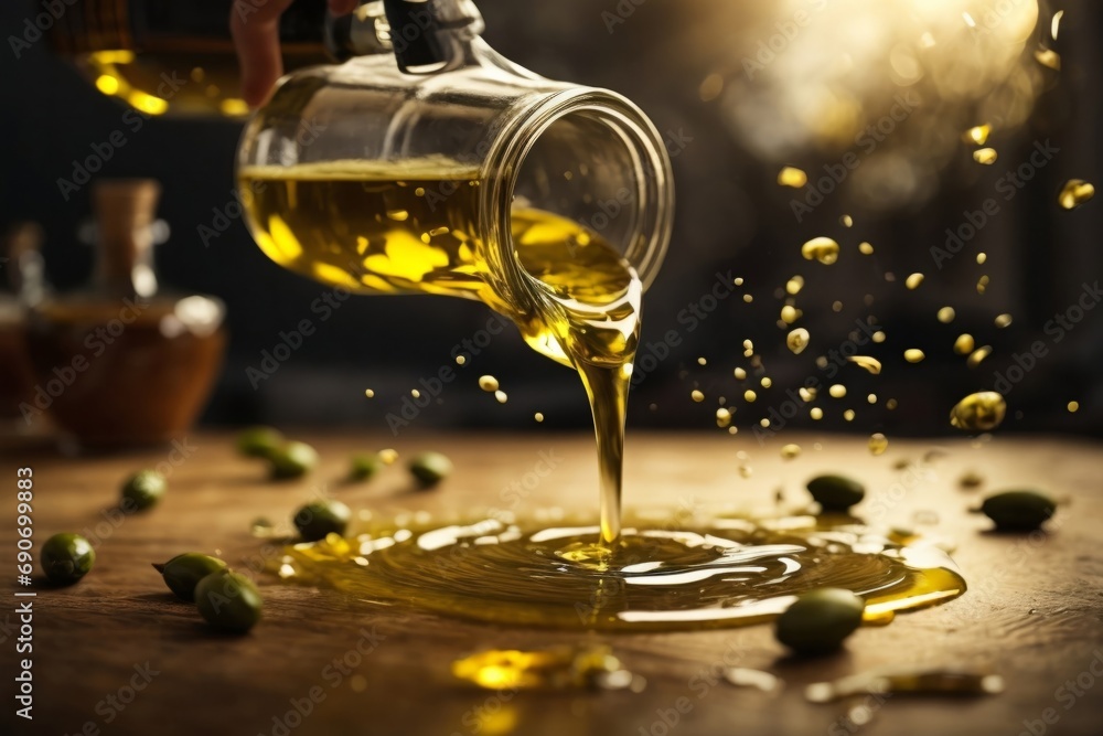 A Pouring Bottle of Olive Oil onto a Table A Pouring Bottle of Olive Oil onto a Table