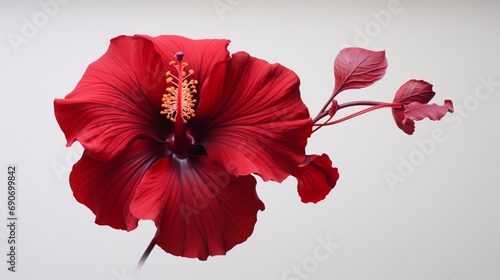 A vivid hibiscus, its deep red petals and long stamen contrasting starkly against a white environment.