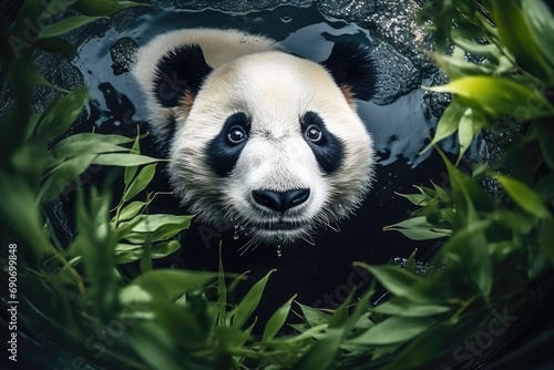 A panda bear swimming in a pool of water