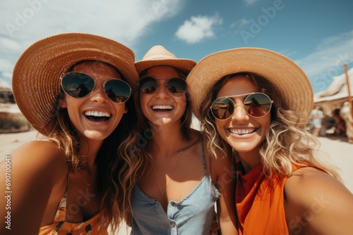 Three women in hats and sunglasses taking a selfie