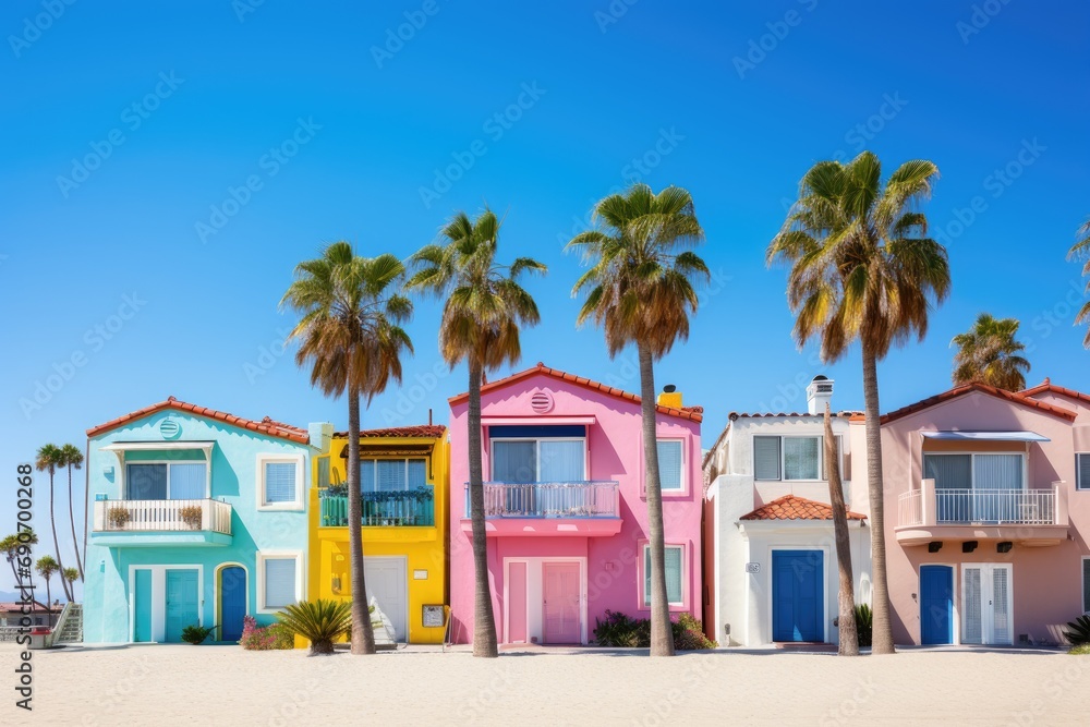 A row of colorful beach houses with palm trees