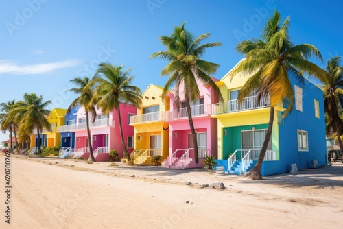 A row of brightly colored houses on a beach © pham