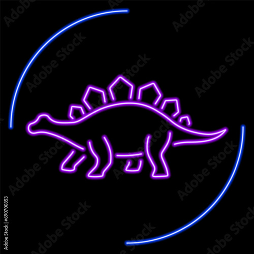 stegosaur neon sign, modern glowing banner design, colorful modern design trends on black background. Vector illustration.