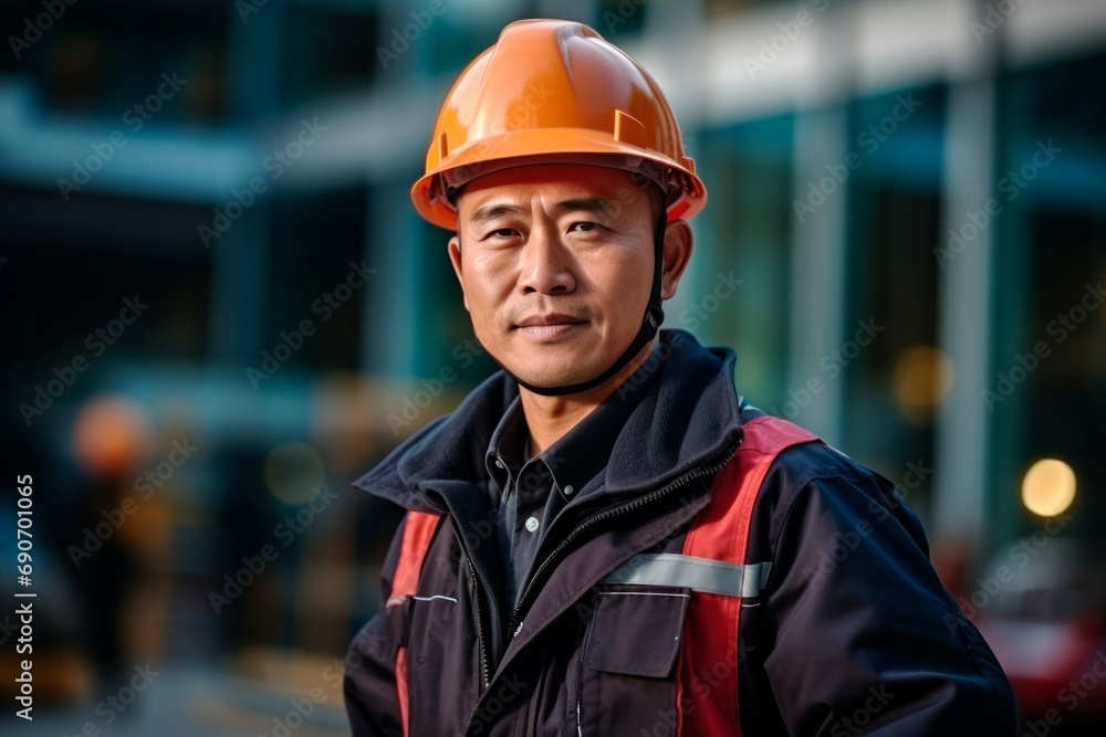 A middle-aged Asian builder in a safety helmet and uniform looks at the camera against a construction background. A middle-aged Asian builder in a safety helmet and uniform looks at the camera against a construction background.