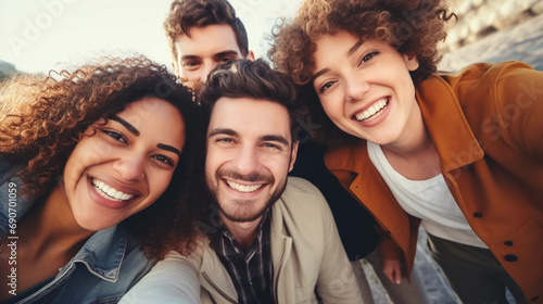Selfie of a multiracial group of cheerful young friends have fun travel together. Visit Europe, tourism, hostel and cheap flights concept. Happy people. Students travelling to europe. Visiting famous  photo