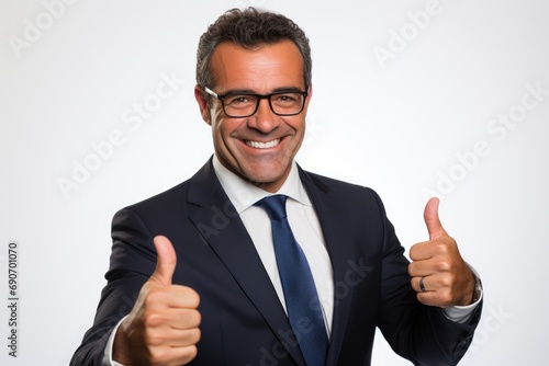 A man in a suit and tie giving a thumbs up