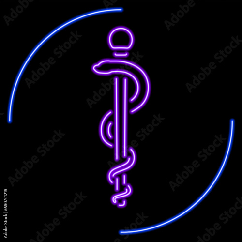 staff of asclepius neon sign, modern glowing banner design, colorful modern design trends on black background. Vector illustration.