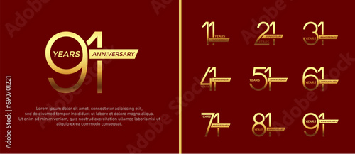 set of anniversary logo golden color and ribbon on red background for celebration moment