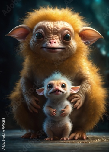 "Extremely Ultrarealistic Photorealistic cute little ugliest creature holding its own baby professional photography, natural lighting, volumetric lighting maximalist photo illustration 8k resolution c © Sajid