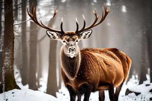 Beautiful red deer with big antlers in winter