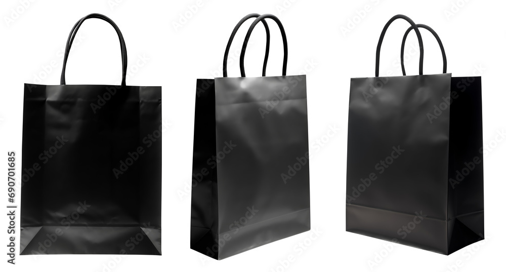 Black eco friendly recyclable side and front blank shopping paper bag on transparent background cutout, PNG file. Mockup template for artwork graphic design Black eco friendly recyclable side and front blank shopping paper bag on transparent background cutout, PNG file. Mockup template for artwork graphic design