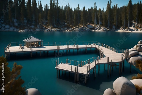 A 3D rendering of the Jetty of Vikingholme in Emerald Bay  meticulously crafted for realism  with dynamic lighting to showcase the details of the surroundings and create a sense of depth and immersion