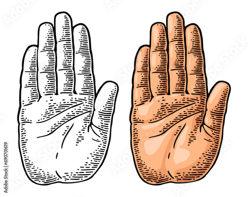 Hand showing stop gesture. Front view. Vector color and monochrome vintage engraving illustration isolated on a dark background. For web, poster, info graphic.