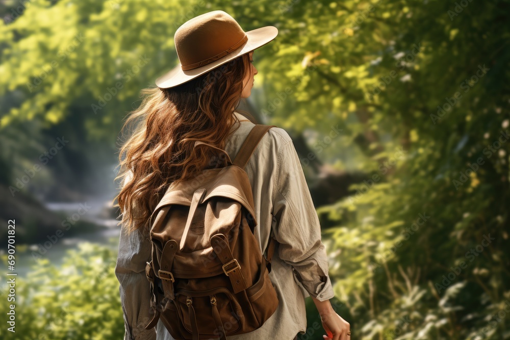 A woman with a backpack and a hat is walking through the woods