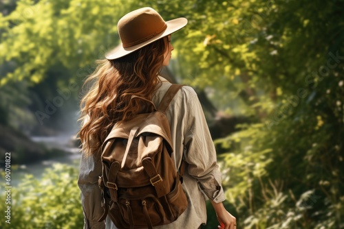 A woman with a backpack and a hat is walking through the woods © pham