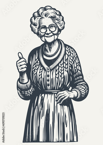 Grandma approves showing thumb up. Vintage woodcut engraving style vector illustration.	