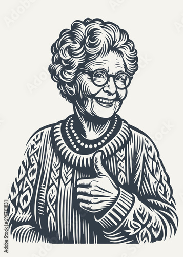 Grandma approves showing thumb up. Vintage woodcut engraving style vector illustration.	