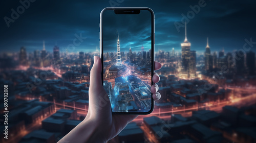 A hand holding mobile phone, we see the screen, riyadh city in the background, night light, hyper realistic