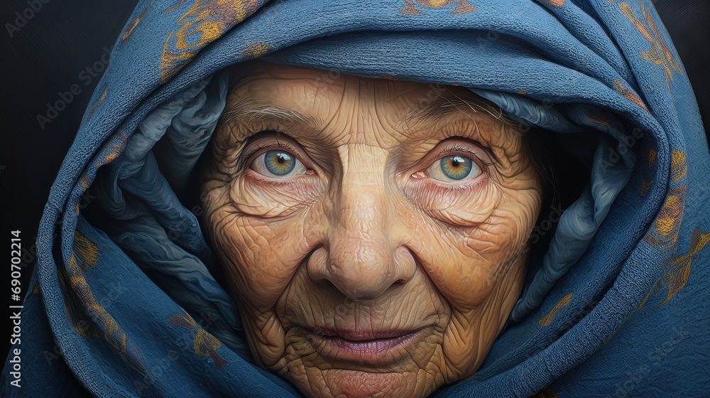 Closeup portrait of authentic granny village old wrinkled wise mature woman looking at camera with big blue eyes Closeup portrait of authentic granny village old wrinkled wise mature woman looking at camera with big blue eyes