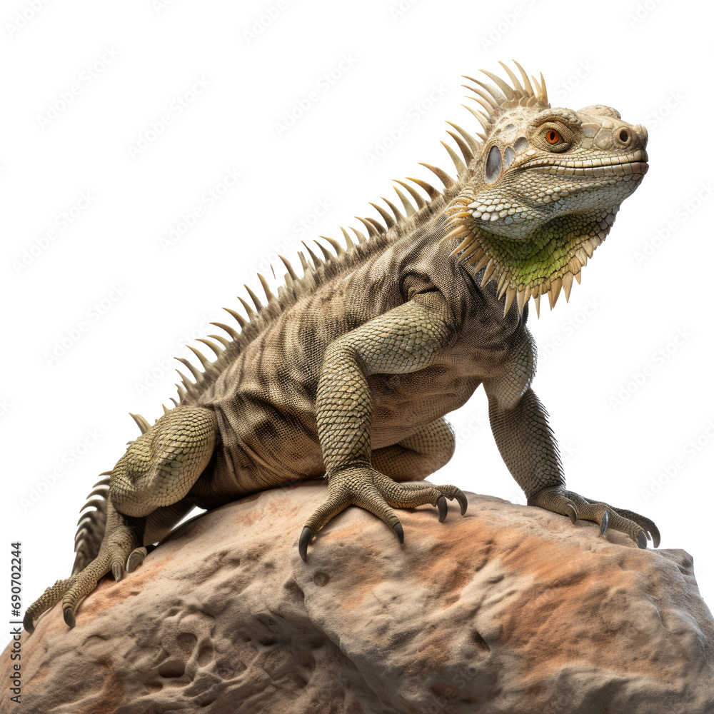 Fototapeta premium Iguana lizard sitting on a stone isolated on white or transparent background
