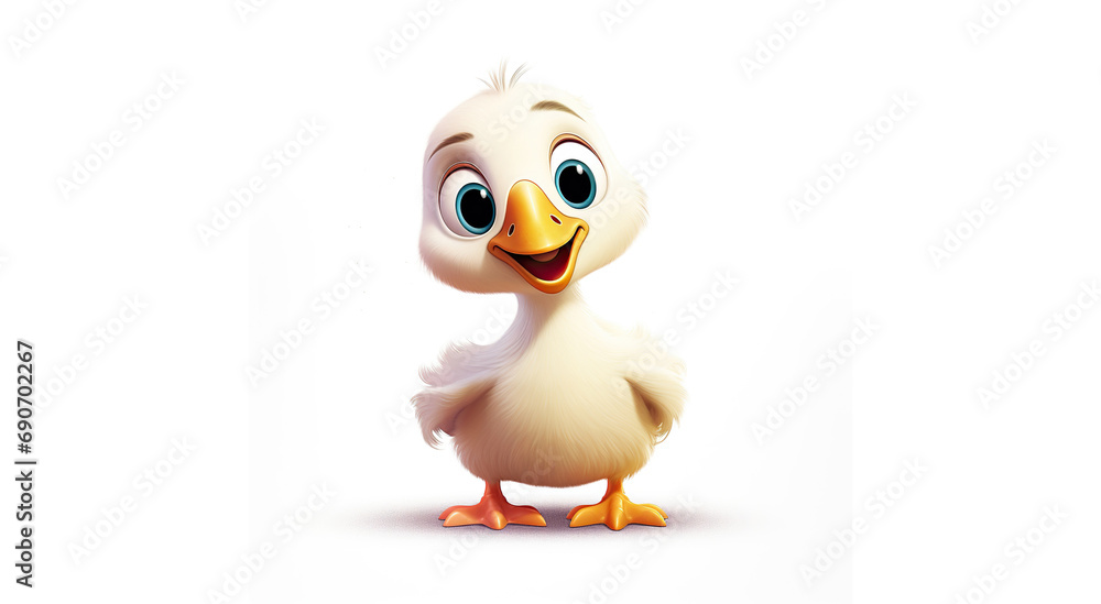 Cheerful duckling isolated on a white background. Illustration of a duckling in cartoon style. A funny and kind character in children's animation. Drawing for children.