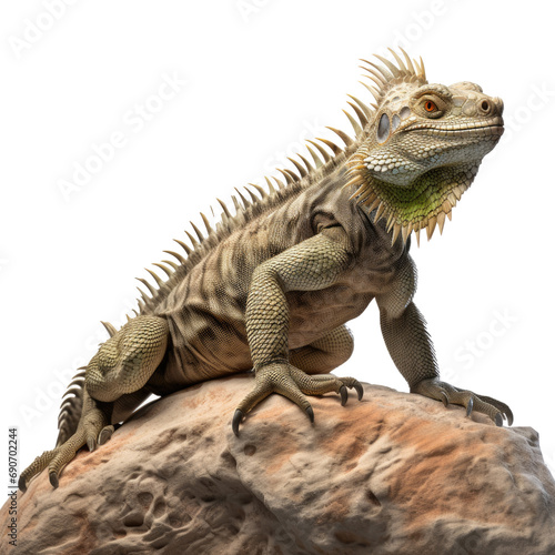 Iguana lizard sitting on a stone isolated on white or transparent background
