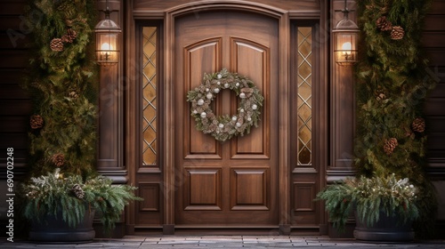 An elegant wooden door of a home, adorned with a wreath, capturing the essence of welcoming warmth.