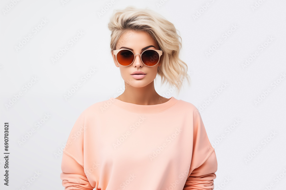 Fashionable confident blonde woman wearing trendy peach fuzz sweatshirt and sunglasses - obrazy, fototapety, plakaty 