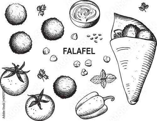 Falafel hand drawn vector engraved illustration. Vegetarian food, oriental cuisine. Design with chickpea balls shawarma with falafel, tomatoes, greenery, hummus, groundnuts. For menu, card, print, web
