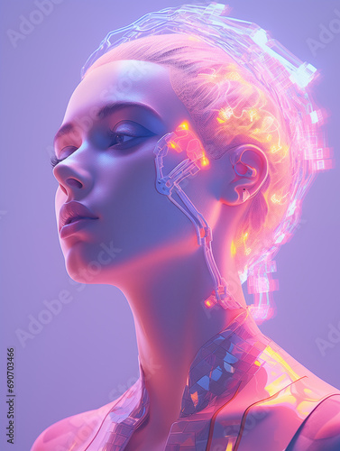 Futuristic implants and glowing artificial circuits; improve human intellectual performance. Concept of Transhumanist dystopia, philosophy of post-human. Female face of android humanoid. AI Cybernetic