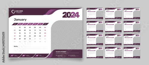 Corporate modern abstract designed 12 pages office desk calendar template for 2024