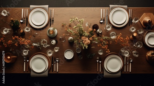 An overhead shot of a stylish dining room setup, capturing the rich textures of wooden furniture and intricate tableware.