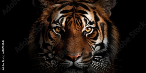 A close up of a tiger's face on a black background