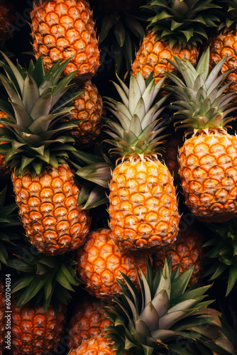 Tropical organic plant background closeup healthy fruits green pineapple sweet food fresh market