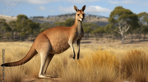 Red Kangaroo standing up in grasslands. generative ai