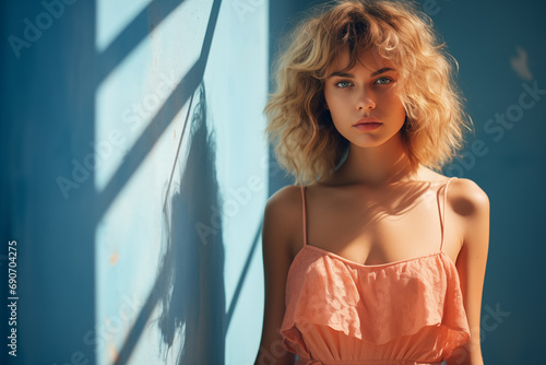 Young beautiful confident female in trendy peach fuzz summer dress posing near blue wall in sunlight